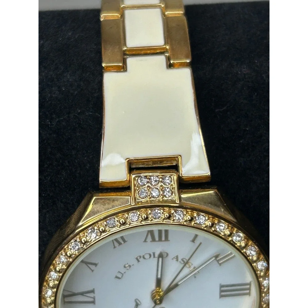 U.S. Polo Assn. Gold Rhinestone Bezel Watch Ivory Band Women's Wristwatch in box